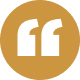 A green speech bubble with white quotation marks inside on a brown circle.